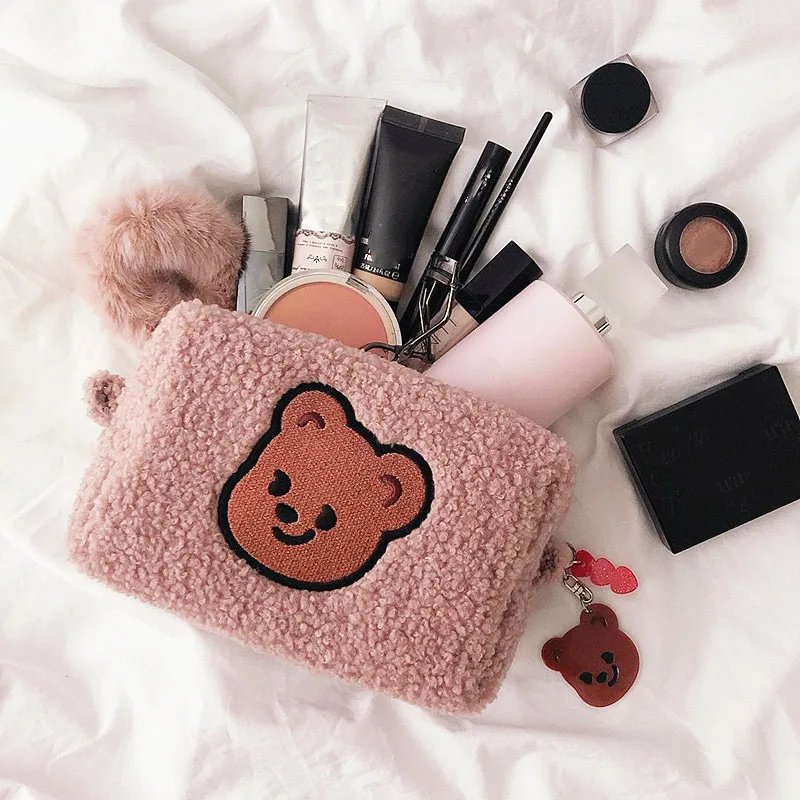 Sac de rangement de cosmétiques Kawaii Bear pour femmes, trousse de maquillage, trousse de lavage de rouge à lèvres, étuis à crayons mignons,