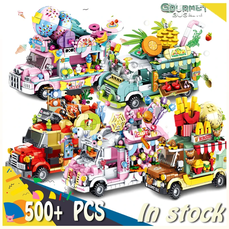 New City Street View Burger Ice Cream Fruit SuShi Truck Building Blocks Patchwork Puzzle DIY Assembly Construction Toy Girl Gift