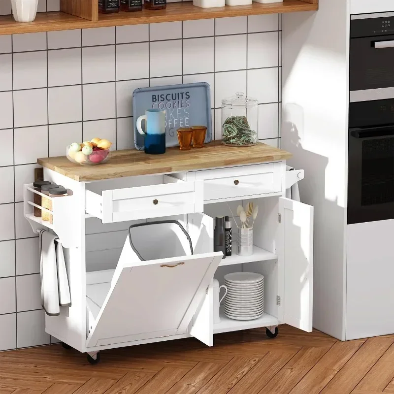 Rolling Kitchen Island with Drop Leaf - Kitchen Trash Cabinet Tilt Out 10 Gallon Storage, Storage Islands Movable Carts