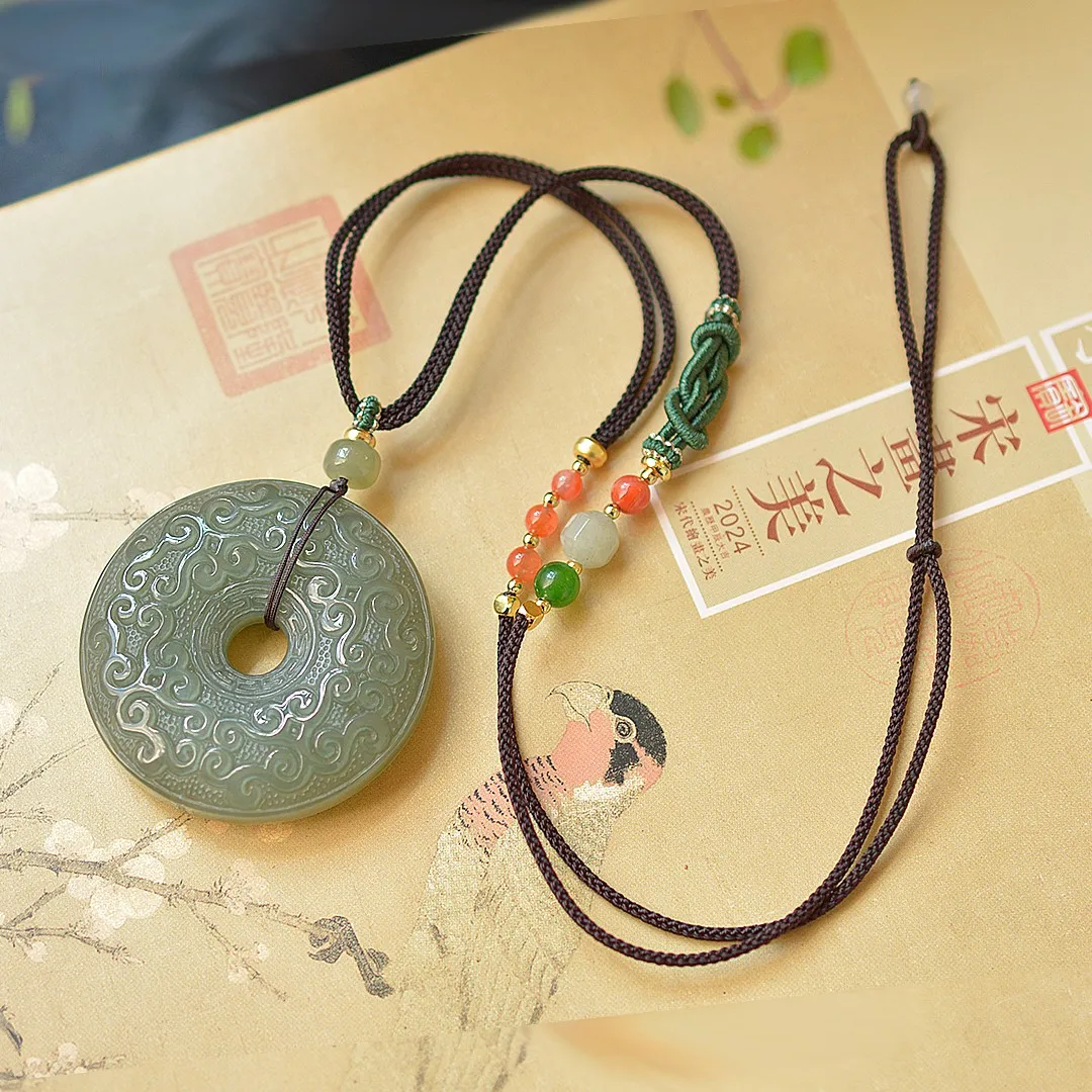 Upscale Boutique Hotan Jade Pattern Peace Buckle Male and Female Pendant Necklace Amulet Peace Charm jade pendant necklace