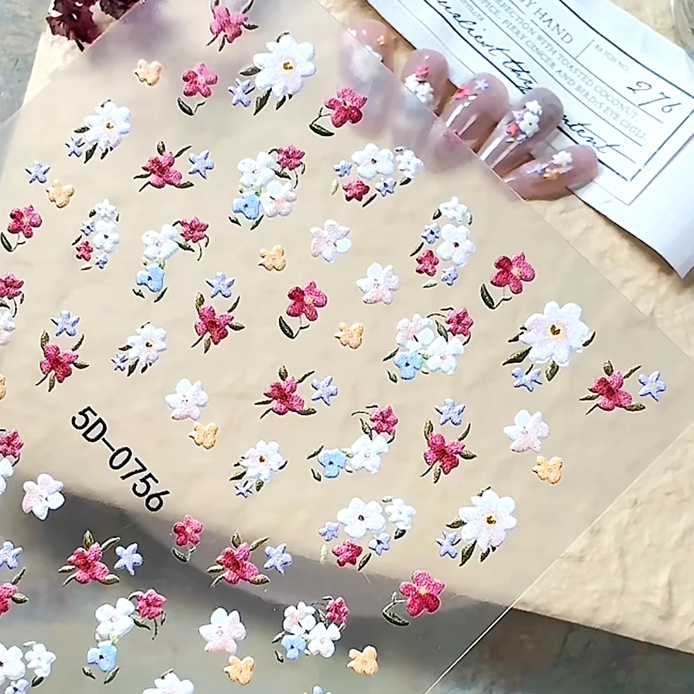 1pcs Cute Daisy Flowers Nail Art Sticker 5D Embossed Red/White/Blue/Yellow Floral Nail Decals Spring Summer Blossom Nail Decorat