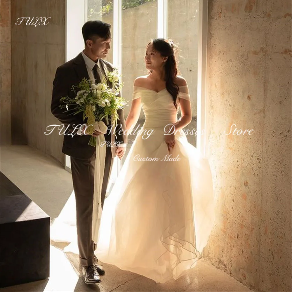 TULX Simple Off the Shoulder Korea Wedding Dress Photo Shoot Organza Corset Back Bridal Gown Floor Length 웨딩드레스 Custom Made 2025