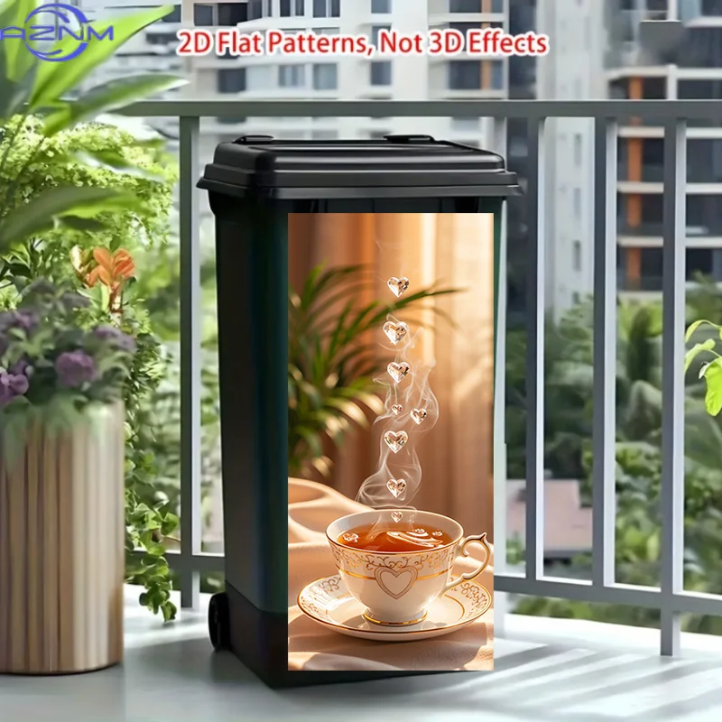 37*82cm/14.57*32.28in/Trash Can Sticker, Featuring a Tea Cup with a Rising Drill Heart Pattern Theme. This Matte Surface Stick