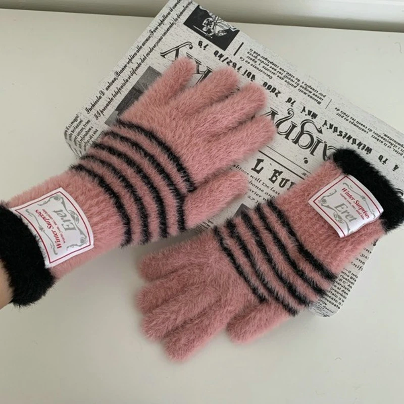 Korean Ins Striped All-Matching Plush Gloves Women's Winter Warm Outdoor Riding Windproof Open Finger Touch Screen
