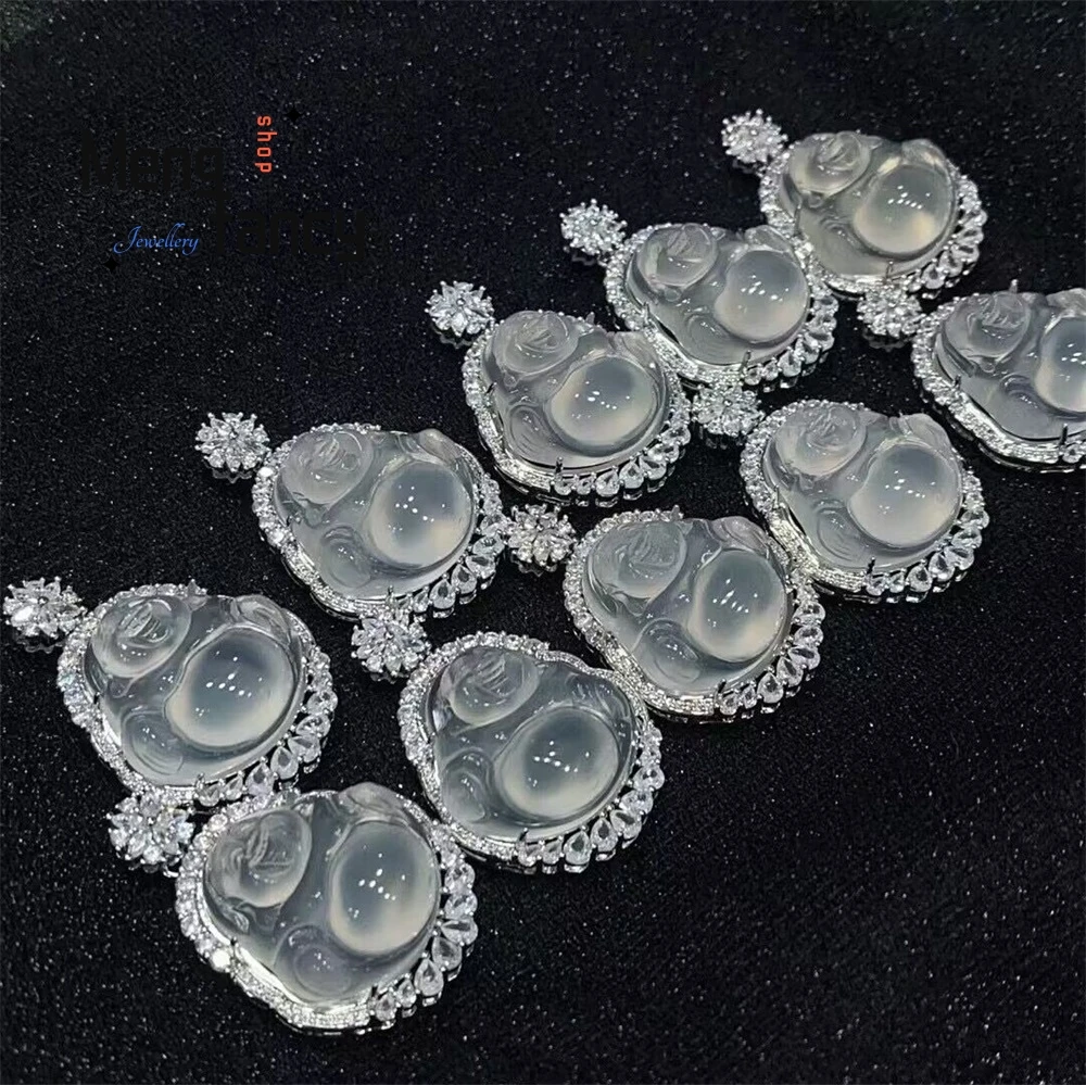 

Silver Inlaid Ice Horse Material White Chalcedony Buddha Male Pendant Agate Womens Jade Maitreya Buddha Necklace Fashion Jewelry