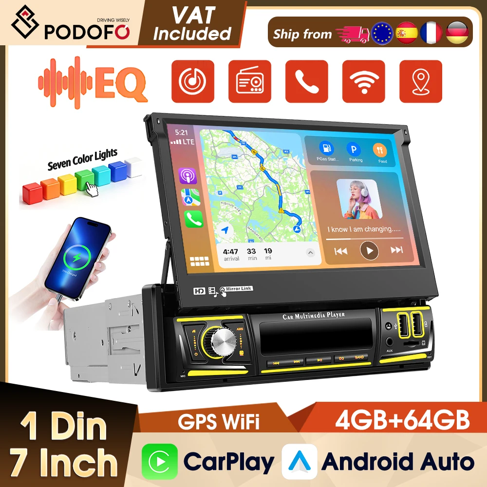 Podofo Autoradio Android 7" 4+64G con Bluetooth, WIFI, GPS, FM, RDS, AI, DSP, EQ, Stereo per Auto, Carplay Wireless e Android Auto