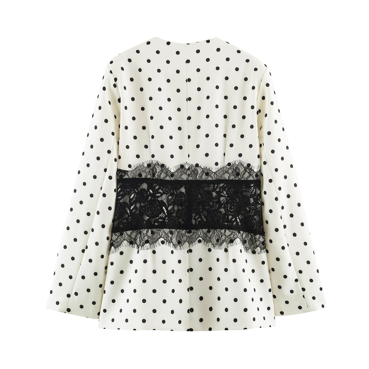 DUOPERI Women White Polka Dot Lace Patchwork V‑Neck Blazer Long Sleeve Female Chic Lady Casual Outerwear