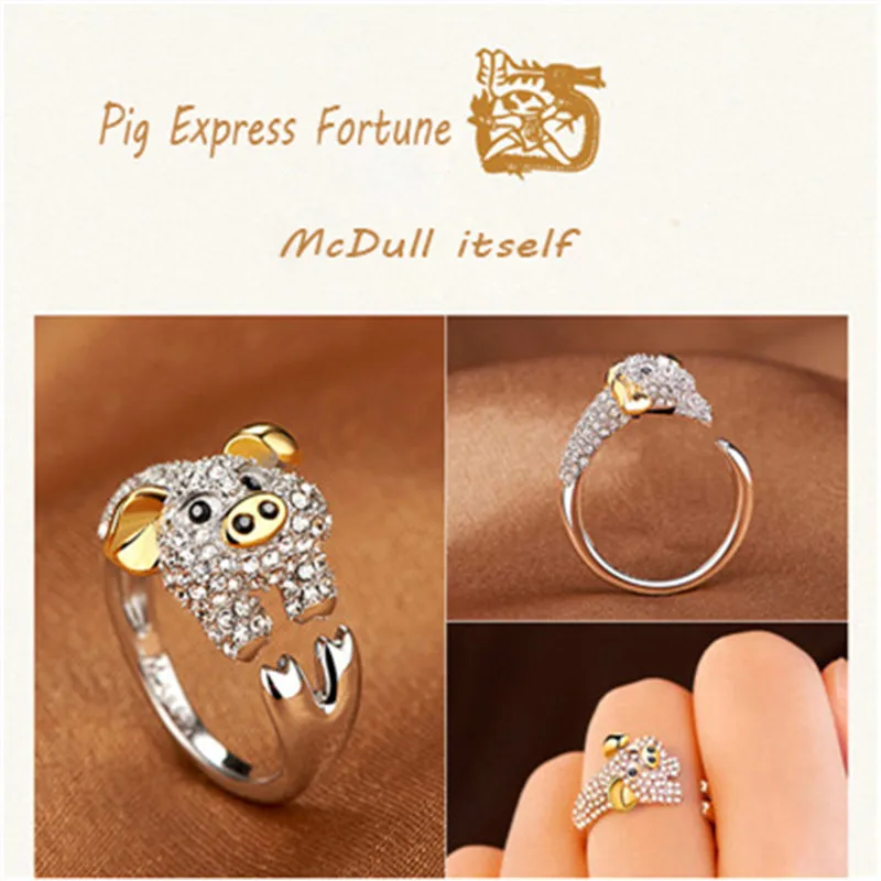 New Shiny Luxury Animal Ring Rabbit/Pig/Dragon/Horse/Monkey/Snake/Sheep/Tiger/Dog/Rat Crystal Rings for Women Girl Gift Bijoux