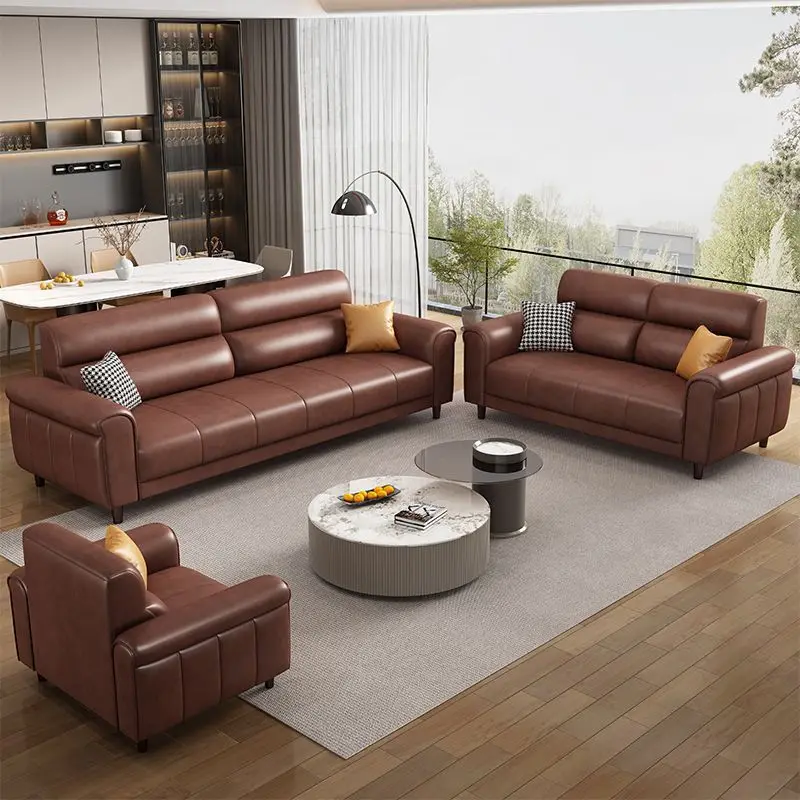 Retro simple sofa Chinese first layer cowhide straight row small apartment oil wax leather brown leather art business office
