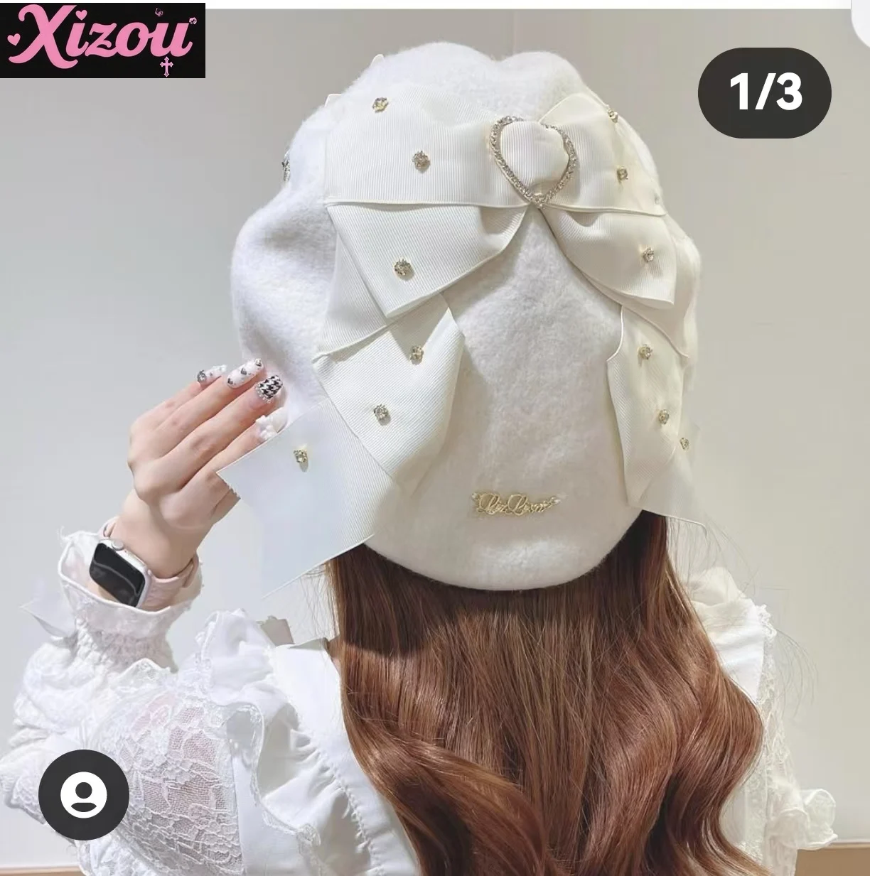

Japanese Sweet Cute Woolen Autumn and Winter Versatile Berets Women's Lolita Bow Rhinestone Love Ladies Berets Caps for Women