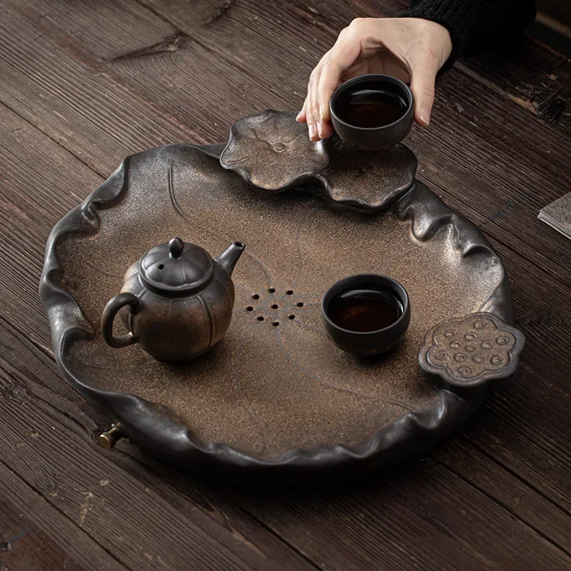 Japanese Gilding Iron Glaze Lotus Tea Tray Ceramic Water Storage and Drainage Dual-Purpose Bamboo Tea Tray Tea Table Saucer