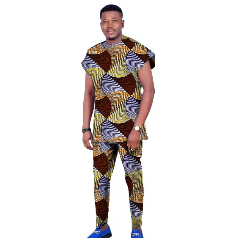 Raglan Sleeve Design Summer African Men\'s Set Tops+Elastic Waist Pants Print Outfits Tailored Nigerian Party Wear