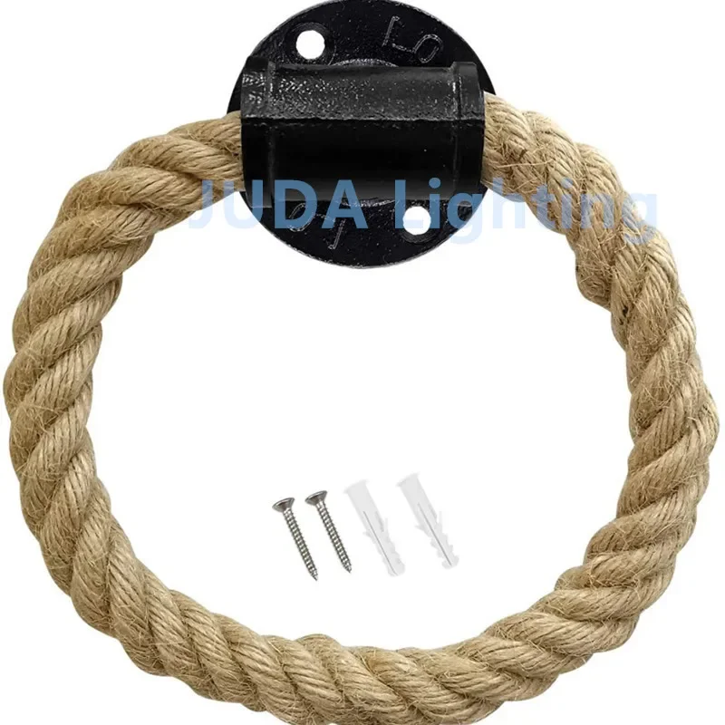Nautical Towel Ring Rope Industrial Iron Pipe Wall Mounted Rustic Hand Towel Holder Vintage Towel Rack Ring Hemp Rope Bathroom