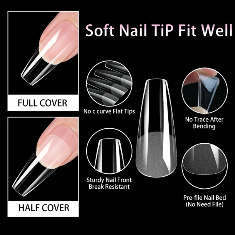 504PCS Soft Gel Nail Tips Full Cover Half Cover Fake Nails Press On Nails Transparent Frosted False Nail Charms Uñas Postisas