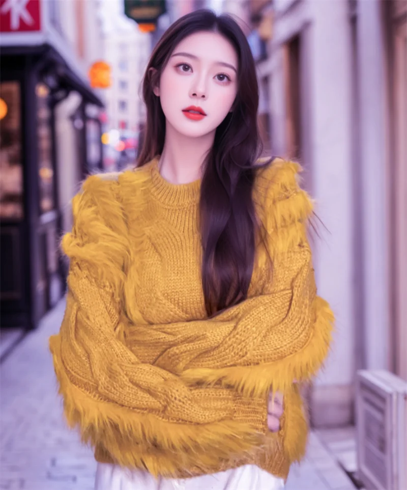 

2024 New Autumn Winter Faux For Hairy Spliced Knitted Sweater Fashion Women O Neck Twist Thick Hollow Out Loose Pullover Ladies