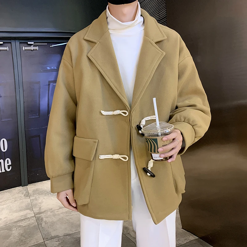 LAPPSTER-Youth Winter Graphic Korean Fashion Trench Coat Men Oversized Wool Blends Coat Men Streetwear Button Jacket Overcoat