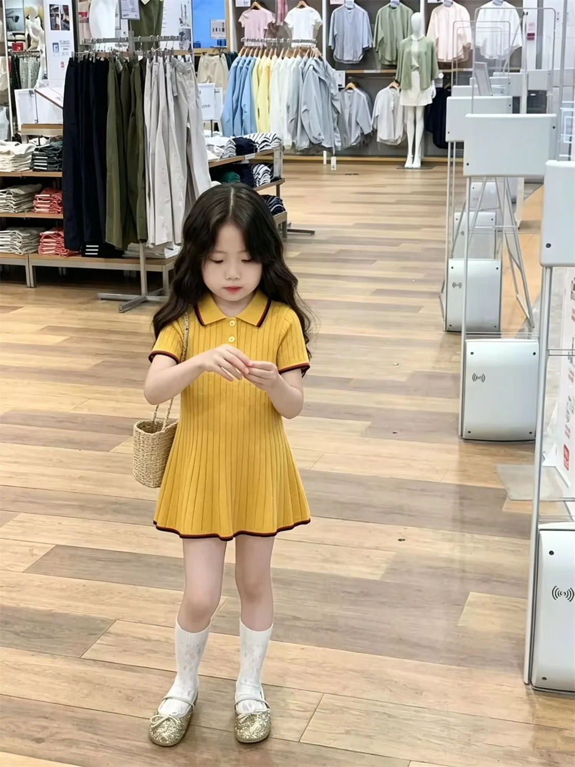 Girls Summer Dress 2026 New Children's Yellow Polo Neck Knitted Short Sleeve Dress Waist-Cinching A-Line Dress KFashion Clothing