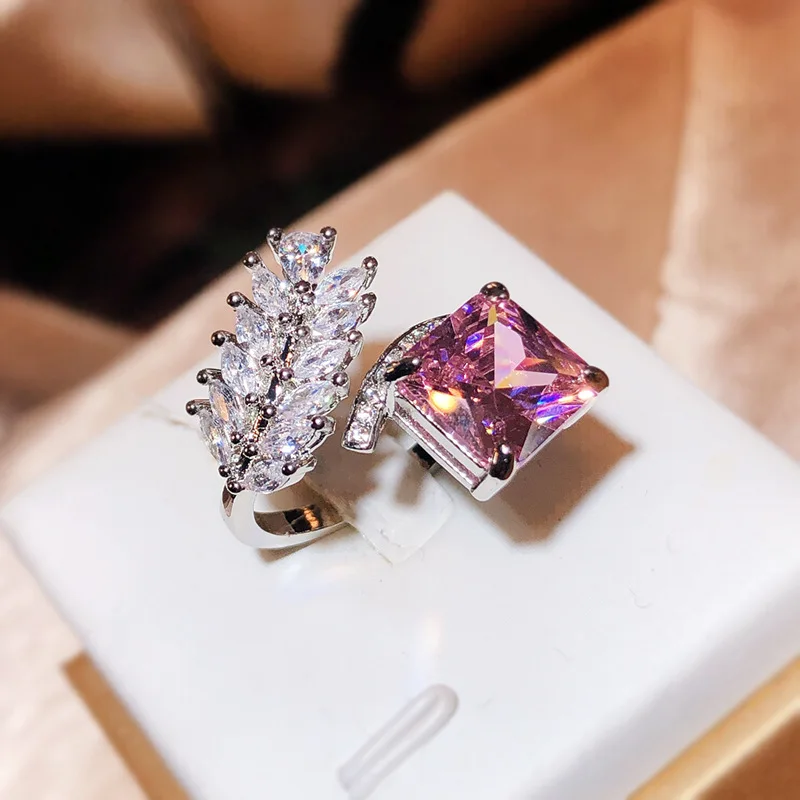 925 Silver New Fashion Raydean Ice Cut Ring Creative Feather Pink Diamond Opening Ring Party Birthday Jewelry Gift