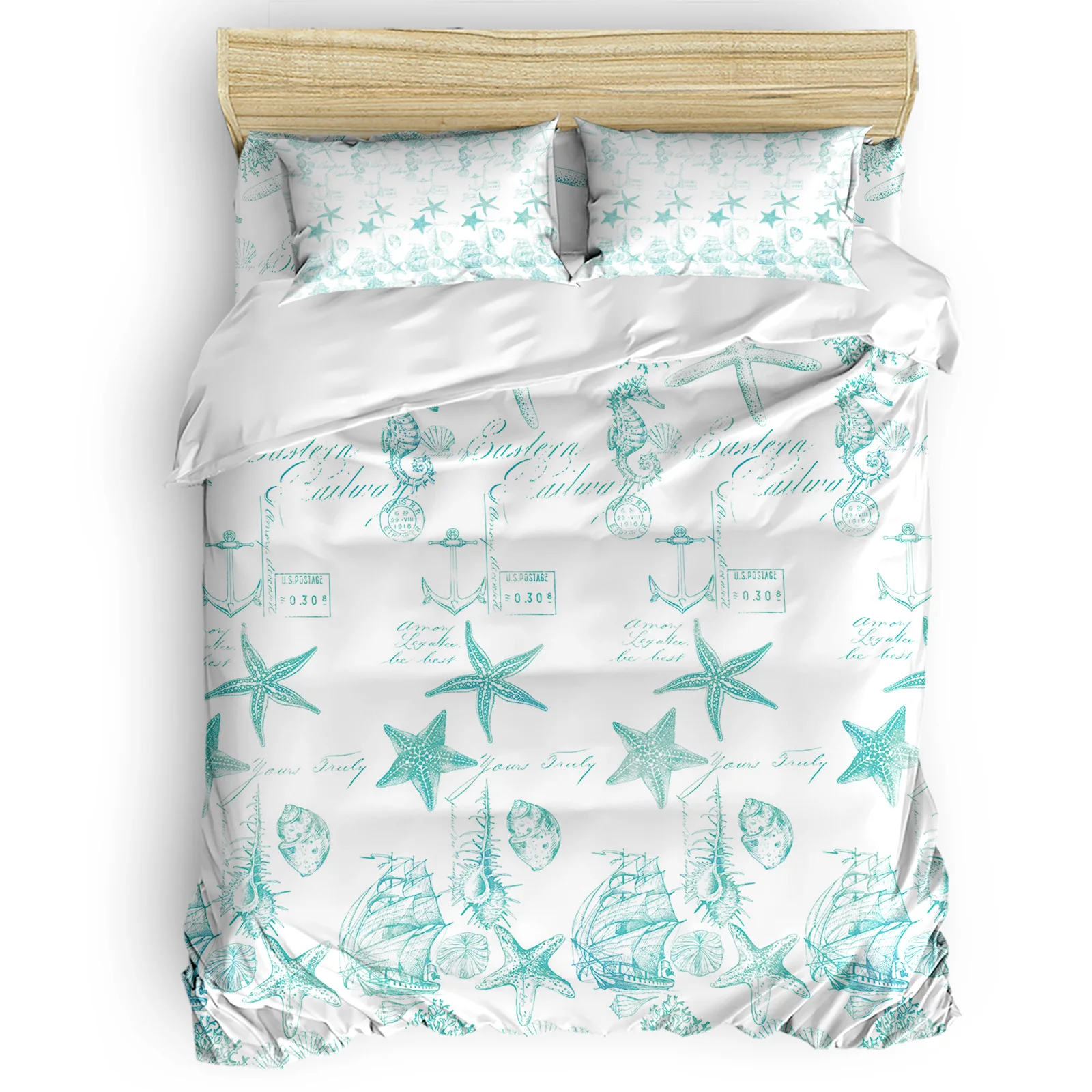 

Aqua Ocean Starfish Shell Coral Vessel Texture Comfortable Household Goods Bedroom Bed Luxury Duvet Cover 2/3/4 Pieces