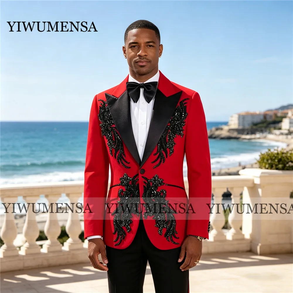 

Мужской костюм уникального дизайна, комплект из 2 предметов, черный, с бисером и кристаллами, аппликациями, для жениха, выпускного вечера, на заказ, для банкета, смокинг, 2026