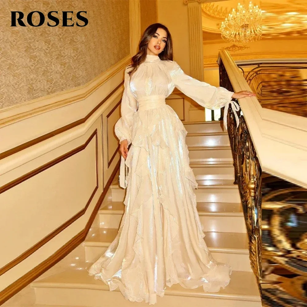 فستان حفلة موسيقية أبيض من ROSES بياقة عالية وأكمام عادية فساتين سهرة مكشكشة مع طيات من الساتان وفساتين رسمية على شكل حرف a مخصصة #3
