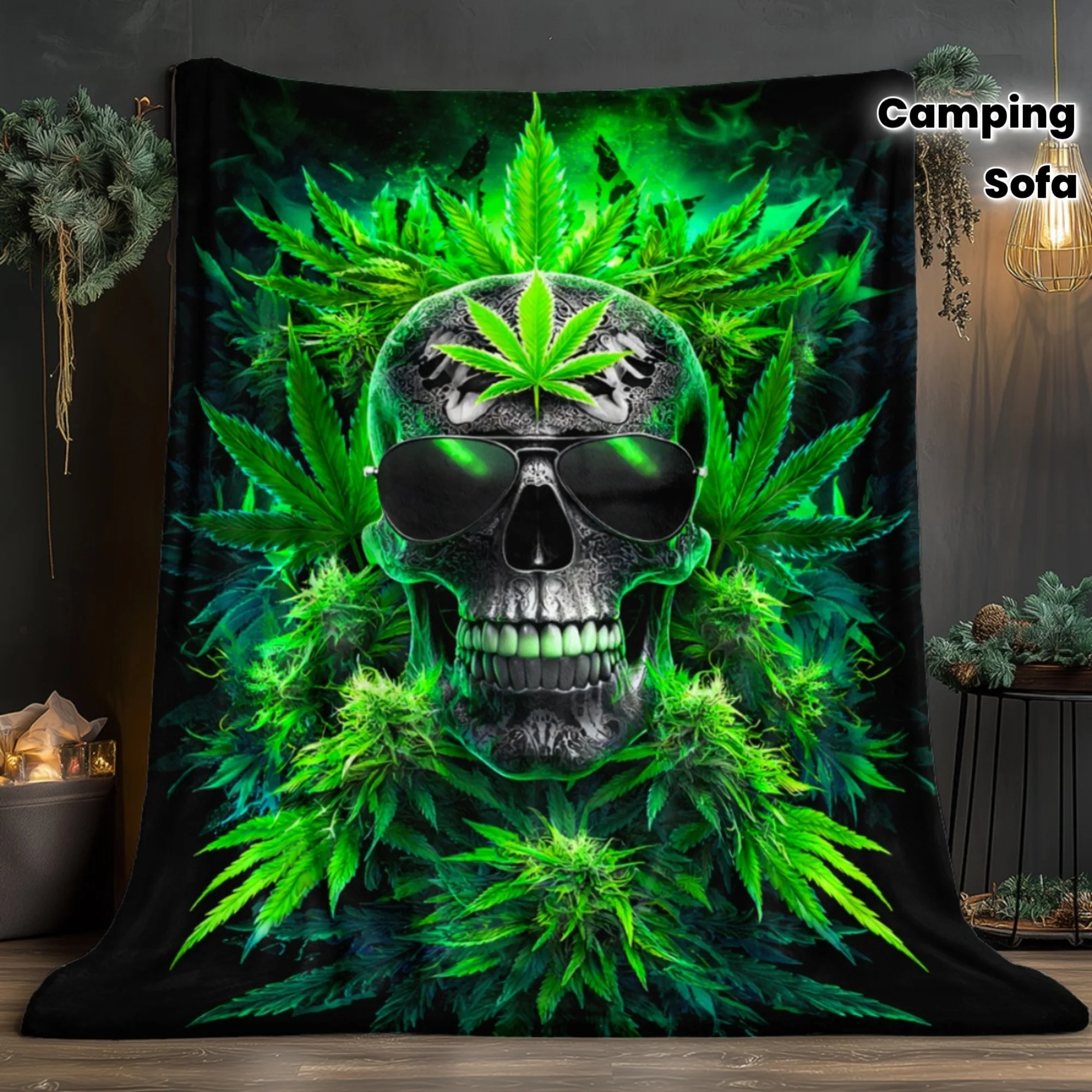 

1Pc Skull With Leaves HD Printed Blanket. Soft And Warm Flannel Blankets Travel, Camping, Sofa, Livingroom, Couch, Chair, Bed.