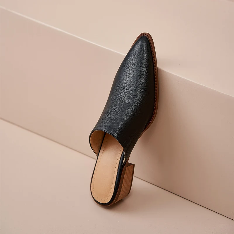 FEDONAS Retro Office Lady Women Pumps Thick Heels Elegant Mature Casual Pointed Toe Slippers Genuine Leather Spring Summer 2024