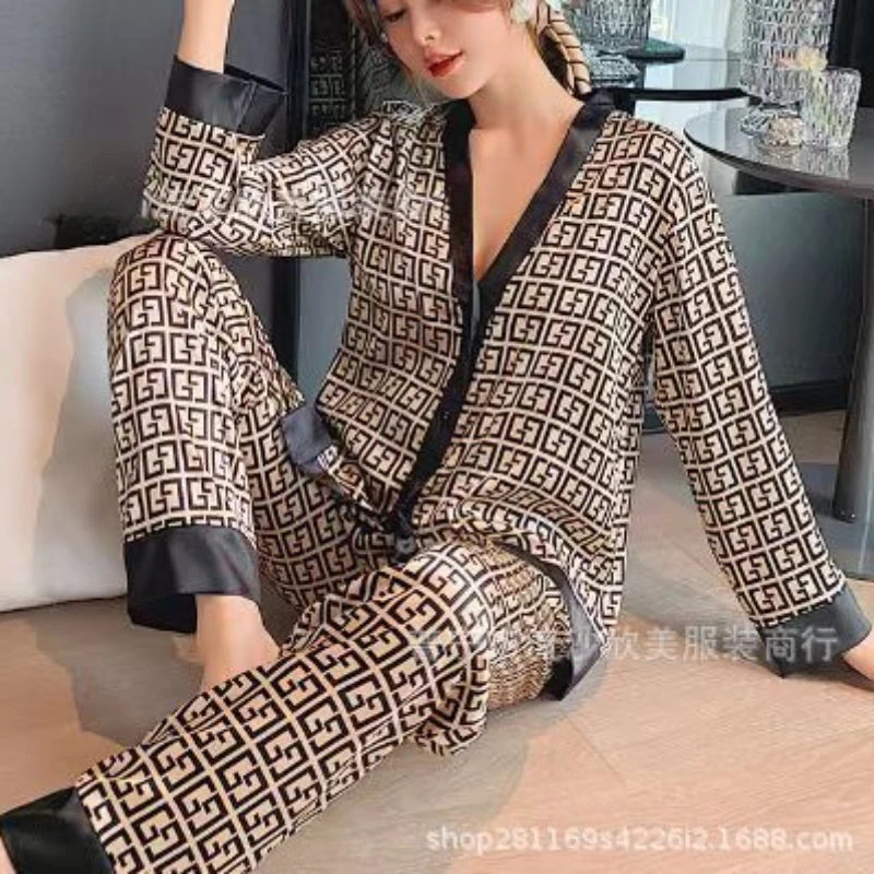 Designer Pajamas Ice Silk Pajamas Women\'s Long Sleeve V-neck Cardigan Simulation Silk Lapel Home Service Suit