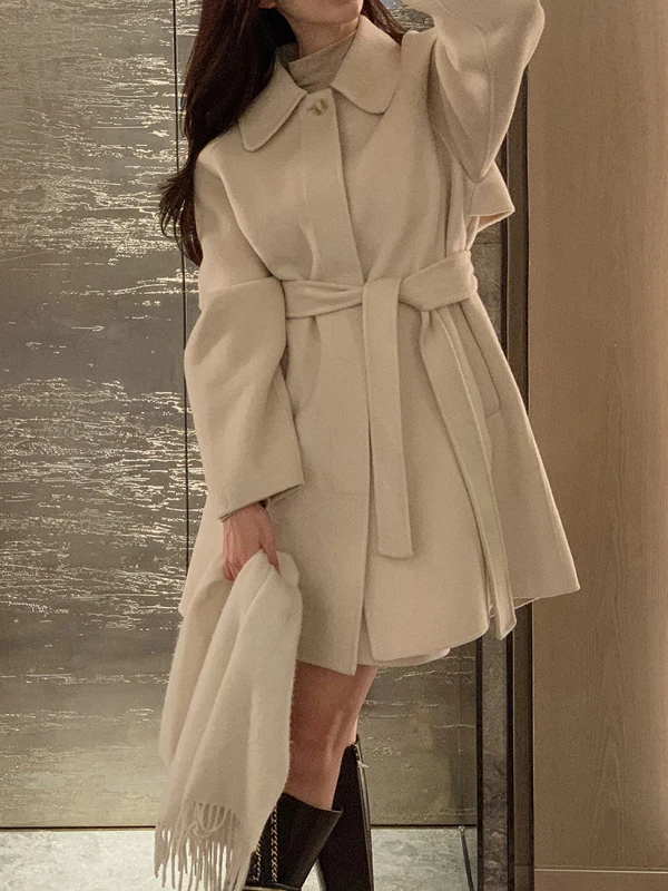Korean Style Woolen Coat Women's Mid-Length Versatile Fashionable Autumn Winter Outerwear Long Sleeve  Collar  Color