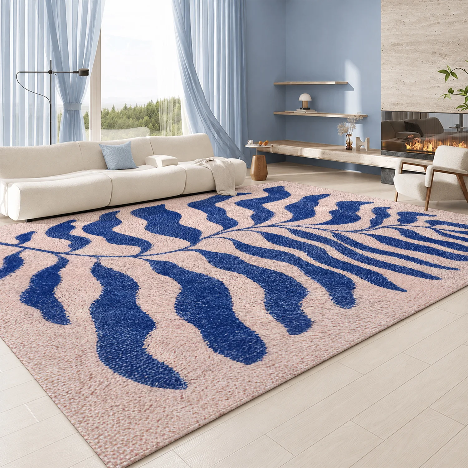 Large Indoor Area Rug, Soft Velvet Low Pile with Non-slip Dotted Backing, Machine Washable Blue Fern Leaf Pattern Beige Cozy Floor Rug for Living Room, Bedroom, Entryway Home Decor