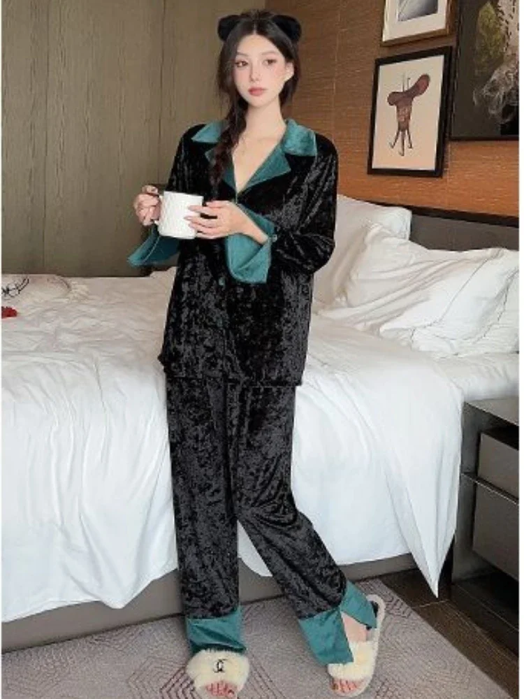 Luxury velvet Patchwork Pajamas set Long Sleeve Cardigan Pants Women Autumn Winter Homewear Sleepwear Two pieces Black Nightwear