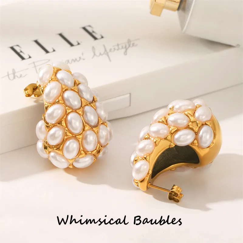 

Fashion Design 18k Gold Plated Retro Jewelry Pearl Earring Women Stainless Steel Water Drop Earrings