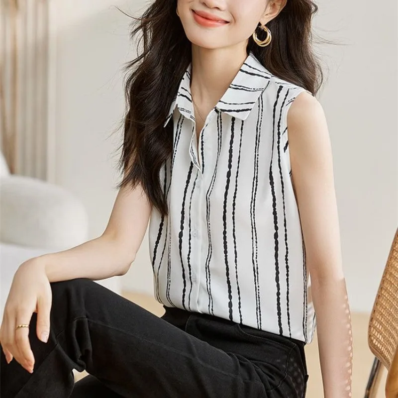 2024 Summer New Blouses Minimalist Commuter Comfortable Women\'s Spliced Polo Collar Single-breasted Striped Sleeveless Tank Tops