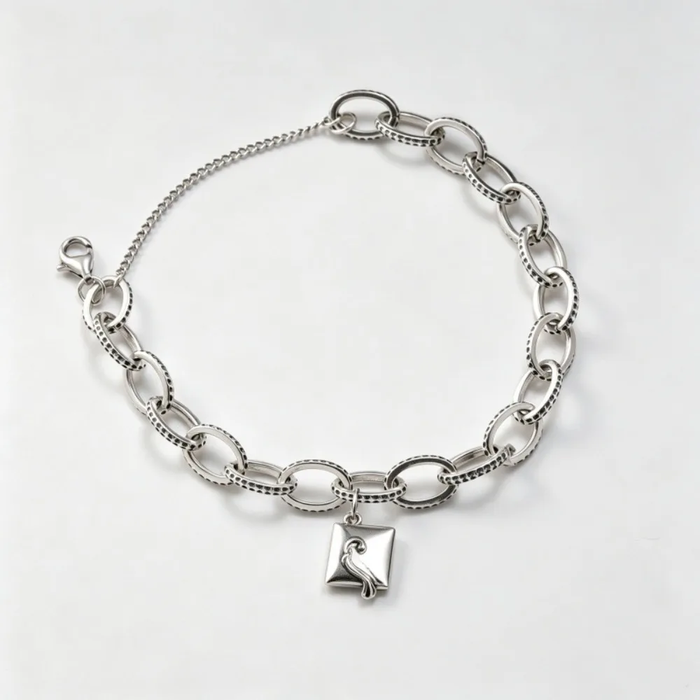 S925 Silver‑Color Textured Oval Link Chain Bracelet Square Lock Charm Wrist Bracelet Vintage Punk  Fashion Jewelry