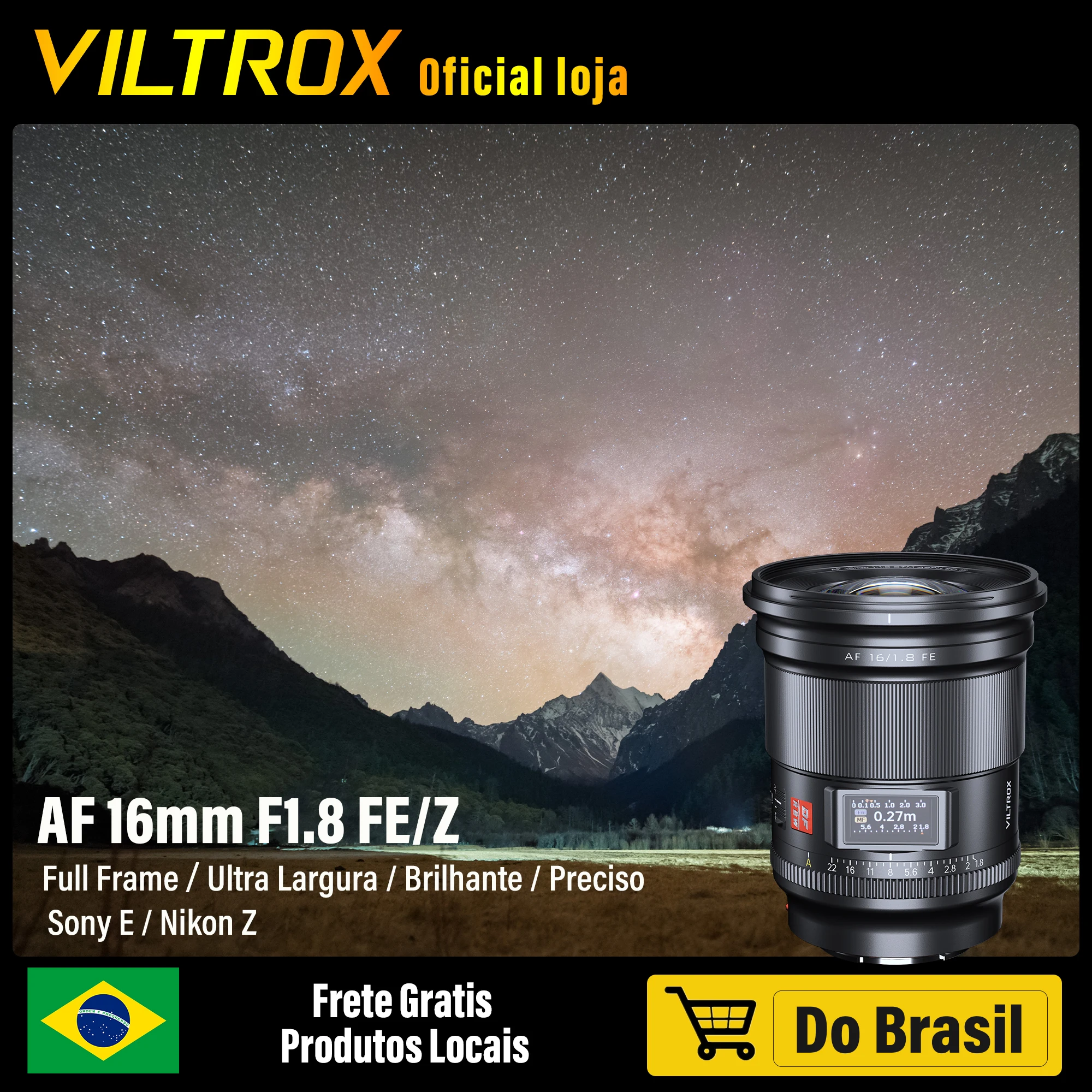 VILTROX 16mm F1.8 Lente de Câmera Full Frame para Sony Nikon Lente Céu Estrelado, Grande Abertura,Ultra Grande Angular,Foco Automático com Tela, 16mm Sony lente A7C2 A7M4 A7R3 ZV-E10 ZV-E1 A6400 A9 A1 Z5 II ZF Z8 Z6