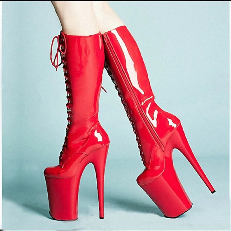 Comemore 20cm Lace Up Stiletto Super High Heels Long Boots Patent Leather Boot Steel Pipe Dance Striptease Shoes White Red Black