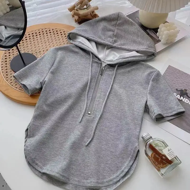 Summer New Pure and Lustful Short Hot Girls Women\'s Clothing 2025 Solid Drawstring Hooded Zipper White Short-sleeved T-shirt Top