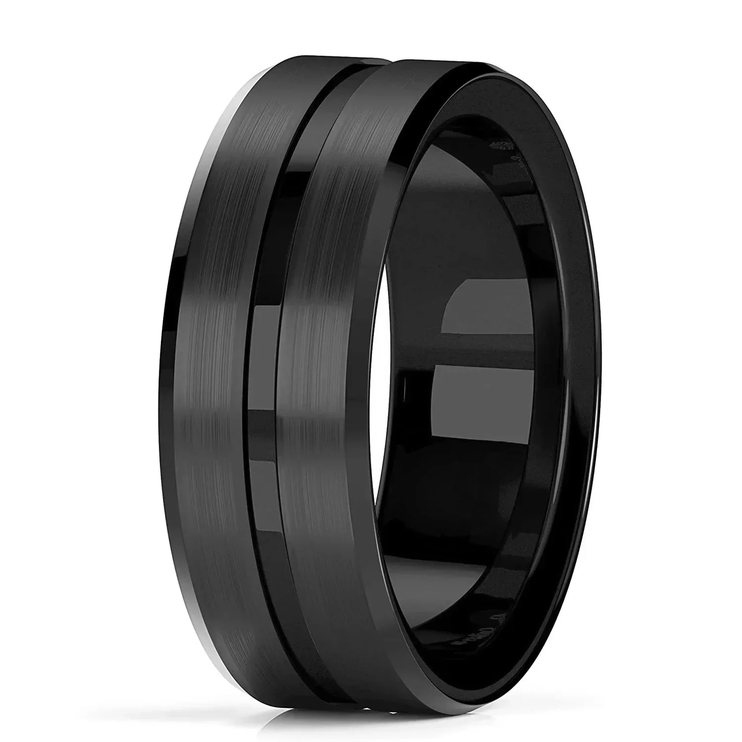 Classic Men's 8mm Black Tungsten Wedding Rings Double Groove Beveled Edge Brick Pattern Brushed Stainless Steel Rings For Men