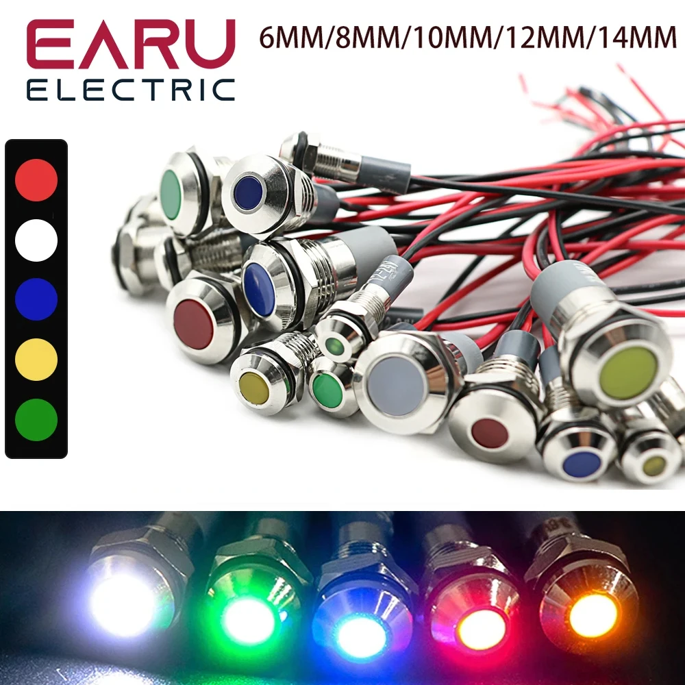 6mm 8mm 10mm 12mm 14mm Wodoodporny IP67 Metalowy wskaźnik ostrzegawczy LED Lampka sygnalizacyjna Pilot Przewód 3V 5V 12V 24V 110V 220V Czerwony Niebieski