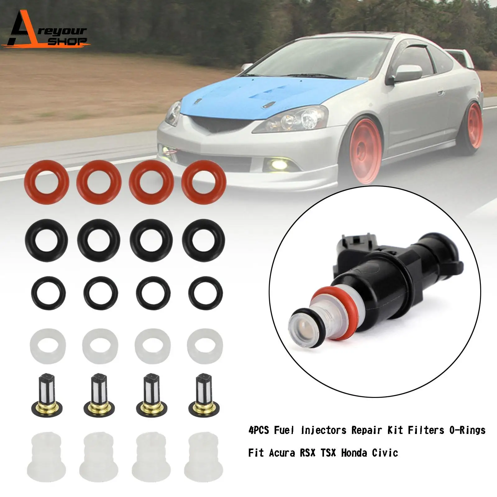 Areyourshop 4PCS Fuel Injectors Repair Kit Filters O-Rings Fit For Acura RSX TSX Honda Civic