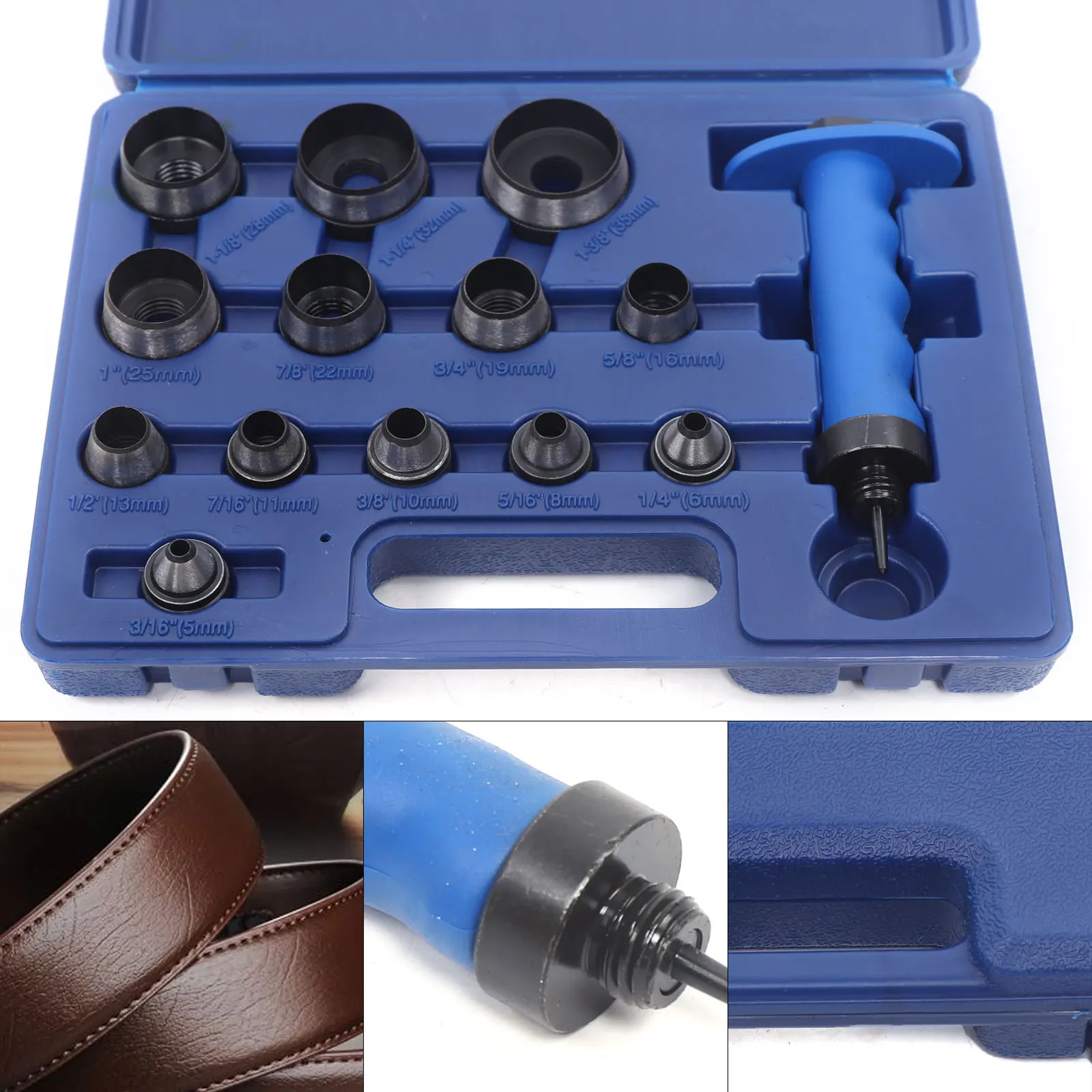 Steel Hollow Puncher Leather Rubber Punch Kit 14pcs 5mm To 35mm Hole Punch Tools w/ Carrying Box