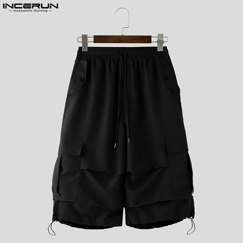 INCERUN 2025 الكورية نمط أنيق Pantalons الرجال الصلبة جيب البضائع السراويل الترفيه بسيط مريح العجل طول السراويل S-5XL