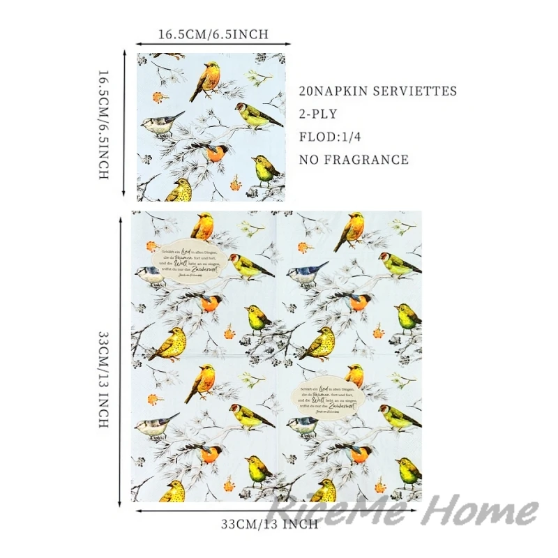 20Pcs/Bag Vintage Birds Flower Decoupage Paper Napkins Bird Floral Paper Serviettes for Xmas Wedding Party Tableware Decor Hot 6