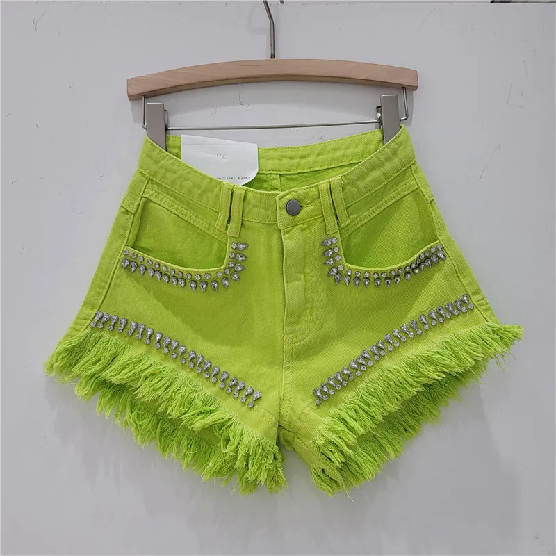 Diamond-mounted Fringed Women's Denim Shorts Summer American Style High Street Shorts High Waist Slim-looking Blue Hot Pants