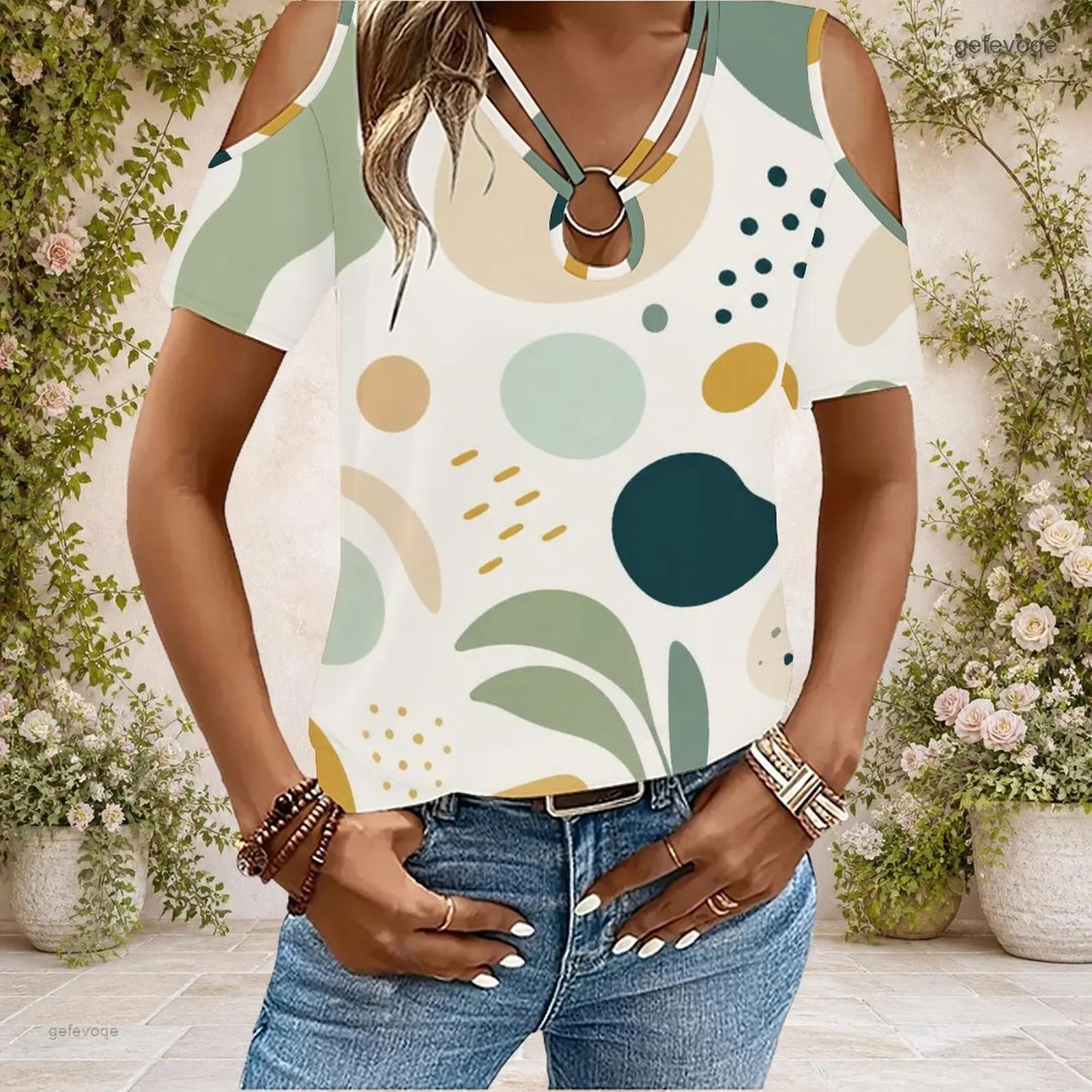 Women Cold Shoulder Short Sleeve T Shirt V Neck O Ring Keyhole Cutout Loose Casual Top Custom Print Ladies Daily Blouse