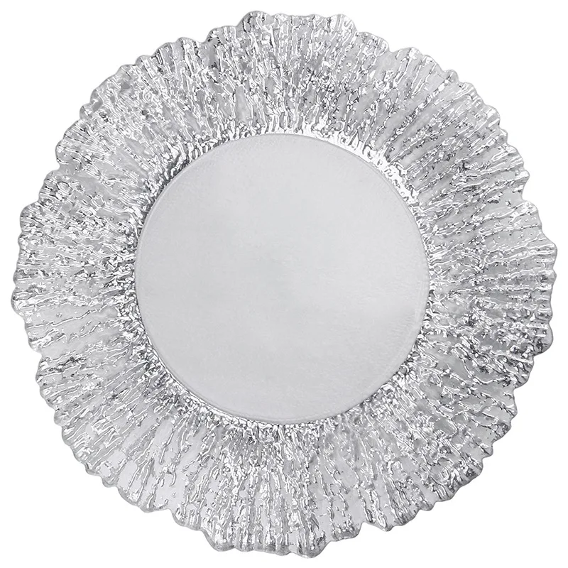 13inch Retro Gold Rim Charger Plate Glass Decorative Service Plate Silver Dinner Dishes Bridal Shower Decor Table Place Setting