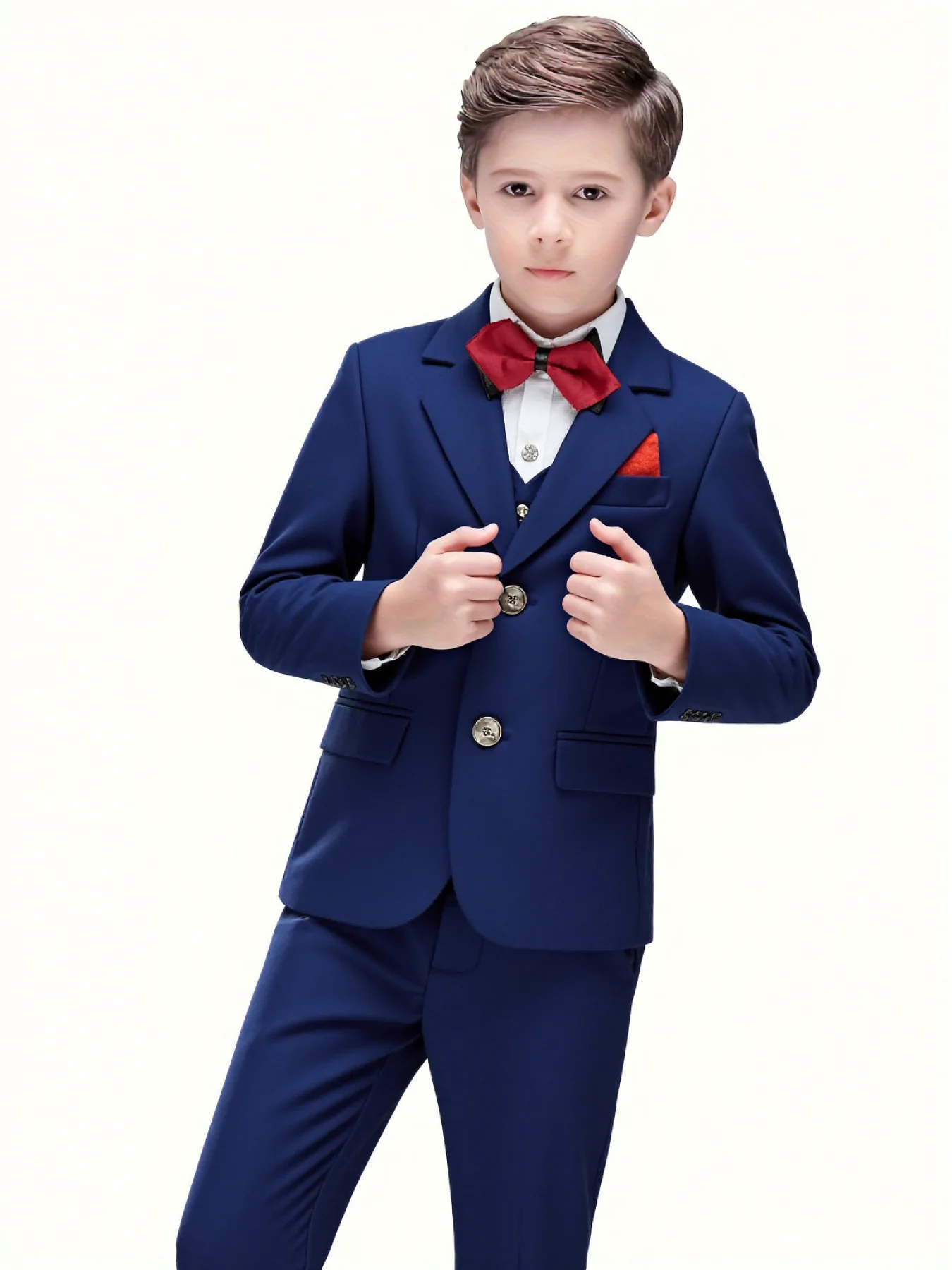 

Приталенный костюм для мальчиков из 4 предметов на свадьбу, день рождения, комплект с блейзером, жилетом, брюками, галстуком-бабочкой, детский костюм для выступлений на фортепиано