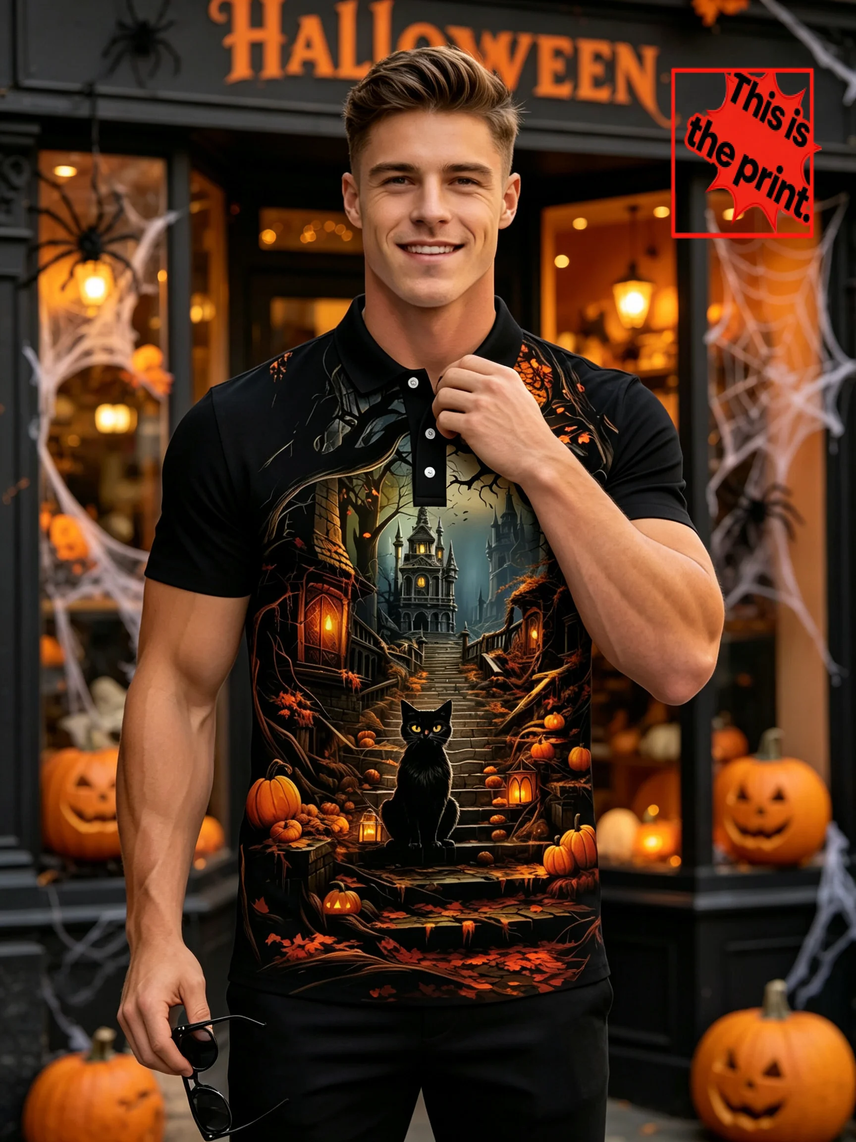 Men Halloween Pumpkin Spider Ghost Bat Print Polo Shirt Short Sleeve Breathable golf Polo Shirts Casual Festival Party Men Tops