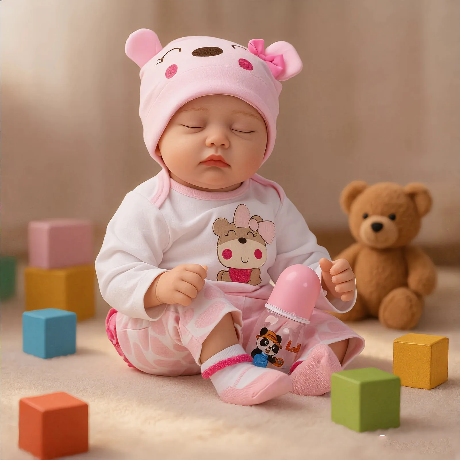Reborn-Babypuppe 22 Zoll Mädchen, Realistische schlafende Reborn-Neugeborenenpuppe mit rosa Bären-Outfit, Lebensechte weiche Babypuppe mit Flasche, Perfektes Geschenk für Kinder, Sammlerstück &
