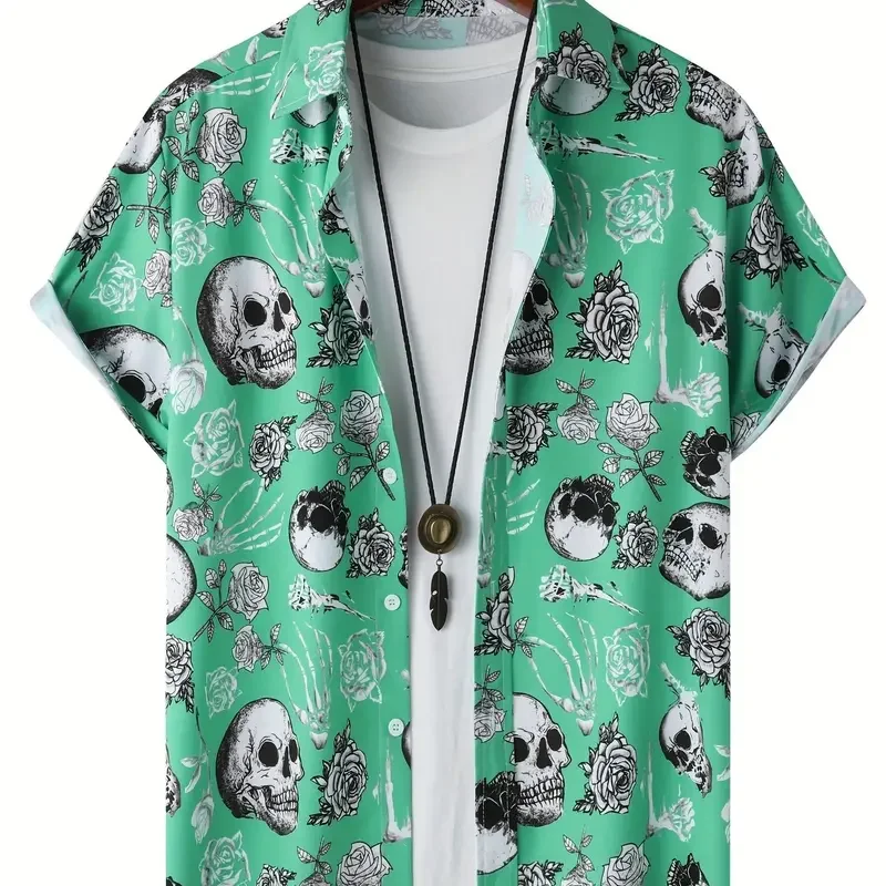 2024 Skull Men\'s Shirts Lapel Streetwear Vintage Shirt For Men Street Hip Hop Short Sleeve Top Party Summer Men Hawaiian Shirts